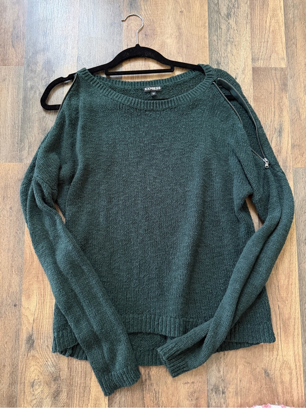 Express Off-the-Shoulder Forest Green Zip Detail Sweater